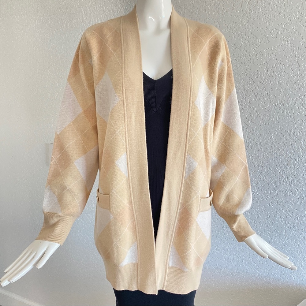 Sandro Argyle Jacquard Cardigan  Tan/White/Cream - Picture 4 of 16